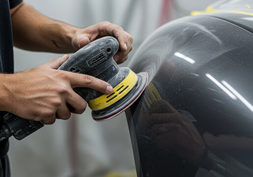 Man using a sander on a car's body