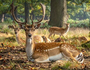 Group of fallow deer resting in a forest clearing, showcasing their spotted coats and magnificent antlers.