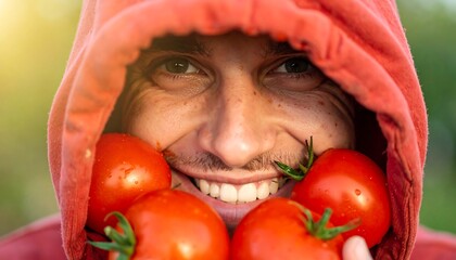 Smiling Person with Fresh Red Tomatoes Showing Happiness