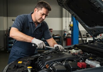 Mechanic working on a car engine in a repair shop