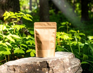 Obraz premium Brown paper pouch rests on rock in sunlit forest