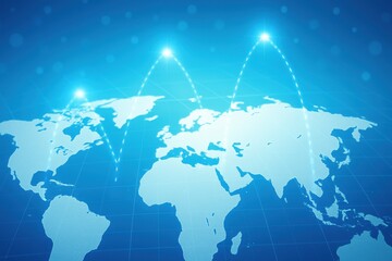 Blue world map with glowing arcs symbolizing international digital communication and global data transfer
