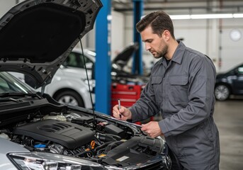 Mechanic Inspecting Car Engine in Auto Repair Shop