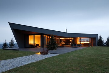 Fototapeta premium A contemporary home with a striking, dark facade, nestled in a hillside setting, bathed in warm, inviting light.