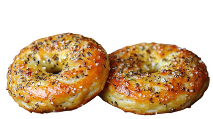Two golden, round, seasoned bagels
