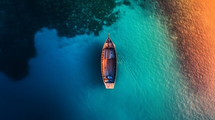 Wooden boat floating in the calm blue sea with aerial view