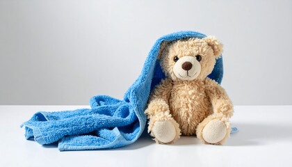 A light brown teddy bear sits peacefully, draped in a vibrant blue towel, on a white surface.