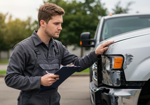 Insurance adjuster inspecting damage to a truck after an accident.