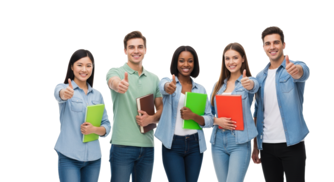 Diverse young adults (18-22), two males two females, East Asian, Caucasian, African American, Hispanic, smiling, thumbs-up, holding textbooks on white studio. Concept of academic achievement - Powered by Adobe