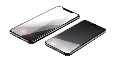 Two smartphones displayed in an isometric view, showcasing different screen colors