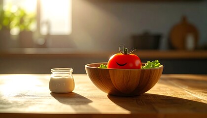 Smiling Tomato in a Wooden Bowl with Yogurt on a Kitchen Table