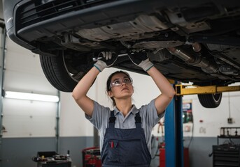Female mechanic working on a car in a repair shop
