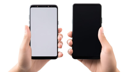 Two smartphones held in hands, screens displaying blank colors