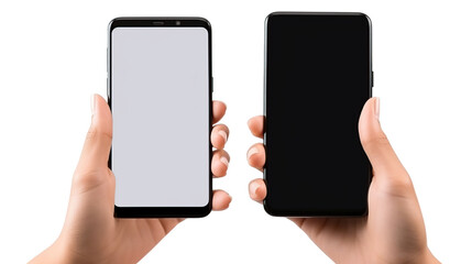 Two smartphones, one light and one dark, being held by hands