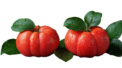 Two vibrant, round, juicy fruits, with lush green leaves