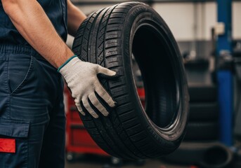 Mechanic holding a new tire in a workshop
