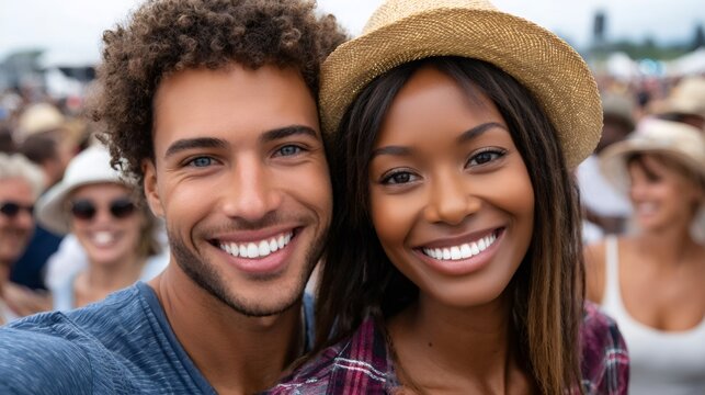 Young diverse couple smiling taking selfie at outdoor festival