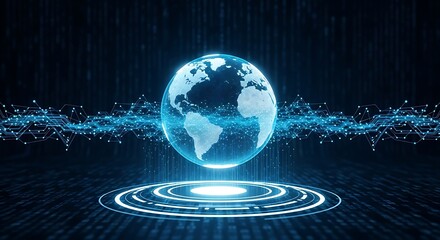 Futuristic holographic earth globe display with digital data streams