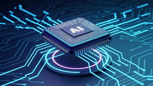 Futuristic AI Microchip Design Glowing In Neon Light Scientific Technology Concept. Full HD or 4K Footage Video Animation