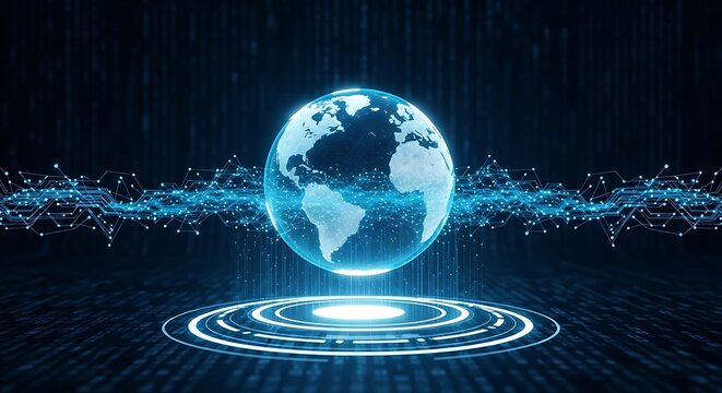 Futuristic holographic earth globe display with digital data streams
