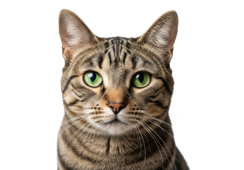 Adult brown and grey striped tabby cat with green eyes, fanned whiskers, looking intently forward on a transparent studio background, concept of pet curiosity