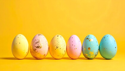 A joyful display of pastel-colored Easter eggs, speckled with gold, arranged in a horizontal row against a vibrant yellow background.