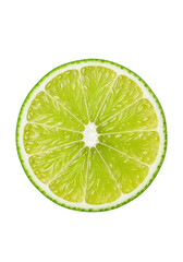 A single, perfectly sliced cross-section round lime piece with vibrant, translucent green flesh, juicy segments, white pith, and visible droplets, on a transparent background, concept of natural