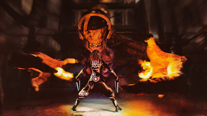Futuristic warrior faces a giant demon with flaming hands in a dark, apocalyptic setting. Epic showdown full of action, fantasy, cyberpunk, and science fiction elements. © coffeinlix 