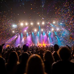 Awesome photo of large crowd of people enjoying a music concert with confetti and lights.