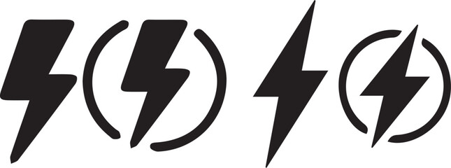 four black lightning bolt icons showing power energy and electricity symbols in different styles isolated on white background.