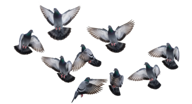 Several common pigeons with iridescent plumage in diverse mid-flight positions, against a pristine transparent studio background with high-key lighting, abundant copy space. Concept of dynamic flight