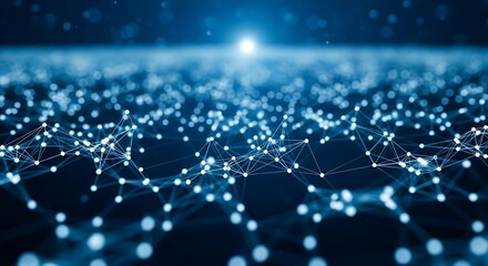 Abstract digital network of glowing blue lights with bright center glow