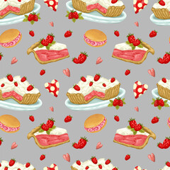 A delightful seamless vector pattern of hand-drawn Italian desserts. The design features strawberry tarts and small pastries on a textured gray background
