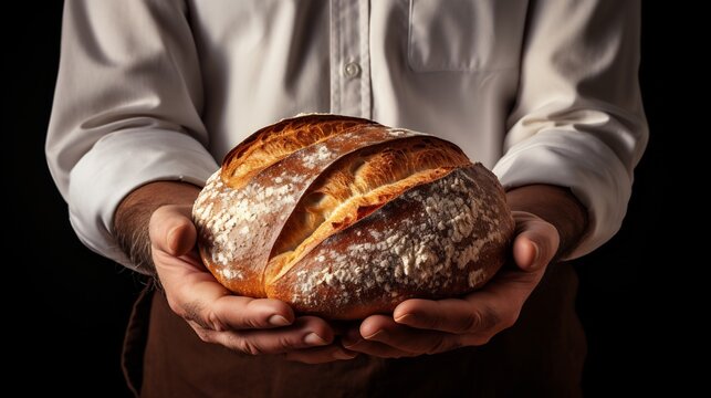 Baker holding a freshly baked loaf of sourdough bread