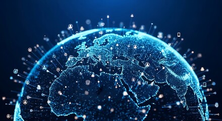 Futuristic digital globe connecting world with glowing network data streams