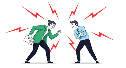 Two businessmen arguing and shouting at each other with red lightning bolts symbolizing conflict and disagreement