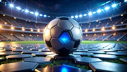 Soccer Ball at Stadium with Lights and Field