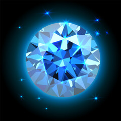 Shiny blue faceted precious stone glowing with light on black background. Elegant symbol of wealth and beauty, radiant cut, luminous jewel for decoration and art