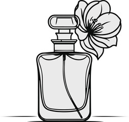 Black Bold outline with white background, Line art of perfume bottle with flower outline