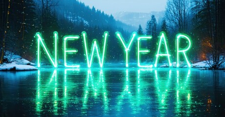 Bright neon text spells New Year over calm water. Snowy mountains form distant backdrop. Festive lights add subtle glow.