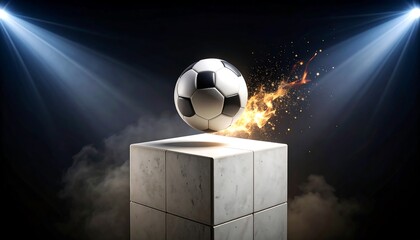 Soccer Ball Floating Above Stone Cube with Spotlight