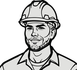 Black Bold outline with white background, Minimal outline art of a construction worker with helmet