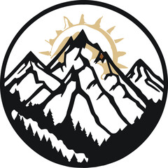 Black Bold outline with white background, Outline art of mountain with rising sun