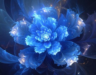 A vibrant, intricate, abstract flower design, showcasing delicate, light-blue petals with sparkling highlights, set against a dark background.