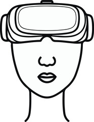 Black thick outline with white background, Line art of VR headset with simple face