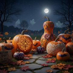 Halloween Pumpkins at Night Decorated with Decoupage Designs