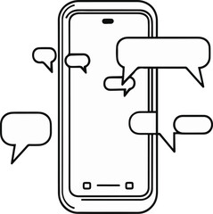 Black thick outline with white background, Minimal line art of smartphone with chat bubbles