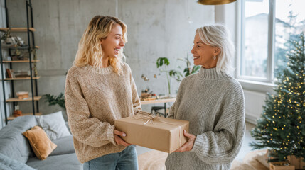 A beautiful moment of gift-giving between two happy women—a younger and an older adult in a cozy, modern living room decorated for Christmas. They are holding a simple, craft-wrapped present