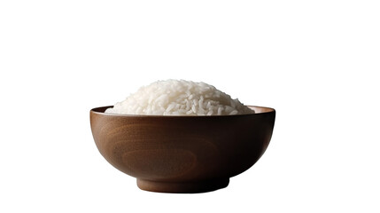 Wooden bowl filled with white rice against a black background