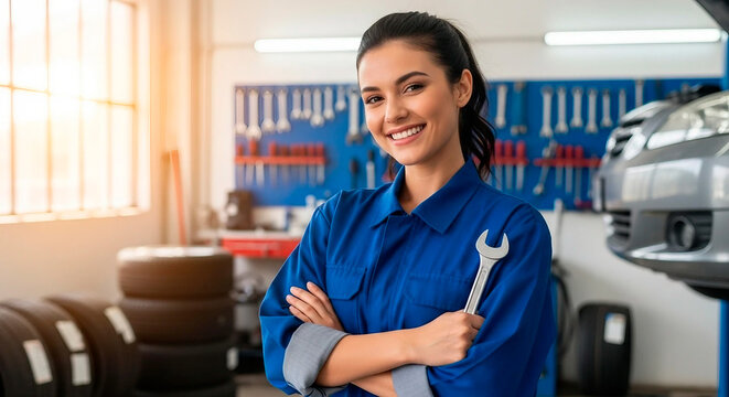 Smiling female mechanic in auto repair shop